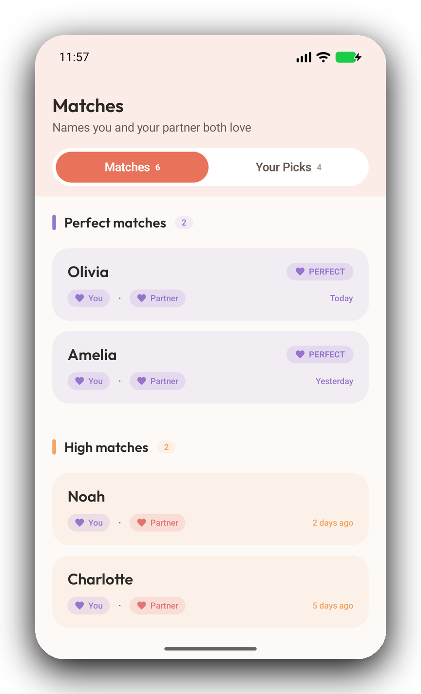 Matches list with all your shared favourites
